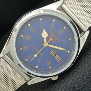 Vintage 1995 Seiko Automatic Mens Silver Watch W/daydate & Blue accents